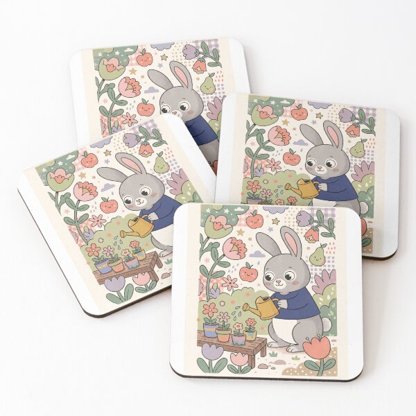 Item preview, Cute Gray Bunny Gardening – Watering Flowers in a Cozy Garden designed and sold by Cherry Dreams.