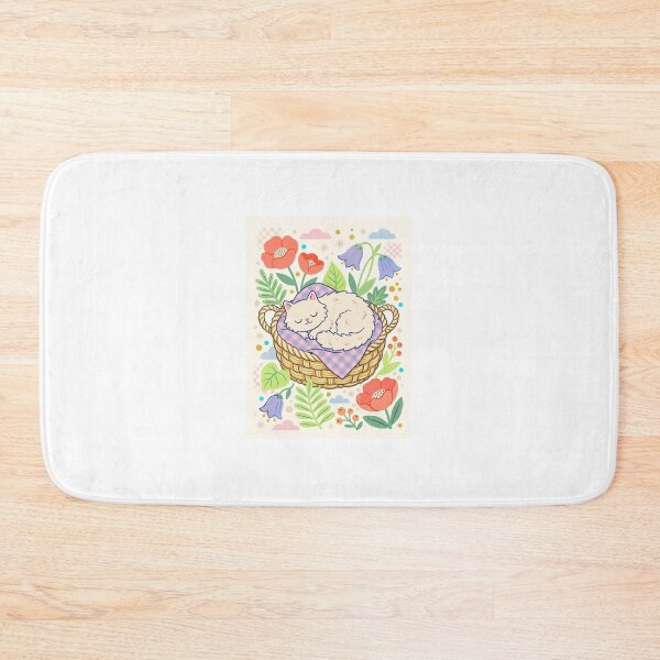 Item preview, Sleeping White Cat in a Cozy Basket – Cute Floral Cat Art designed and sold by Cherry Dreams.