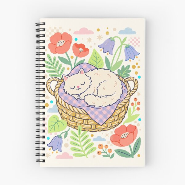 Item preview, Sleeping White Cat in a Cozy Basket – Cute Floral Cat Art designed and sold by Cherry Dreams.