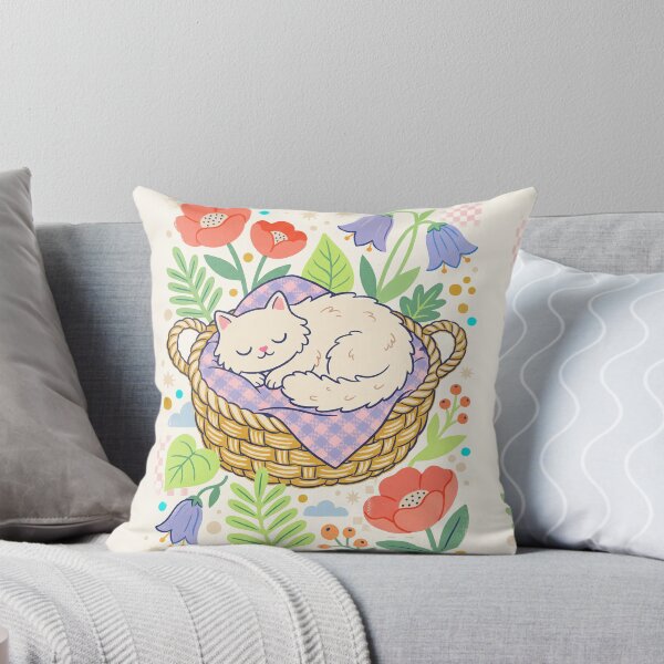 Item preview, Sleeping White Cat in a Cozy Basket – Cute Floral Cat Art designed and sold by Cherry Dreams.