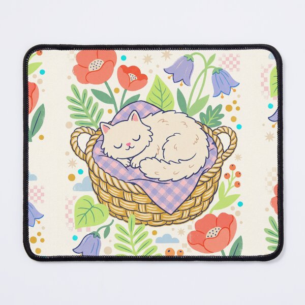Item preview, Sleeping White Cat in a Cozy Basket – Cute Floral Cat Art designed and sold by Cherry Dreams.