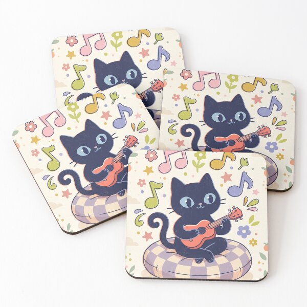 Item preview, Black Cat Playing Ukulele – Cute Retro Cat Illustration designed and sold by Cherry Dreams.