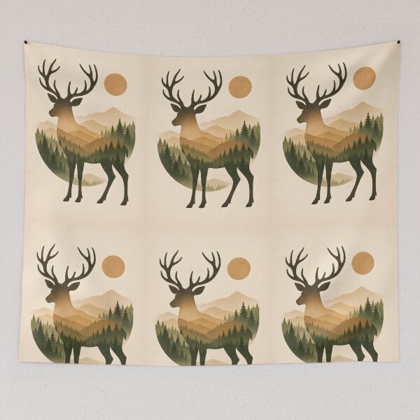 Item preview, Deer Silhouette with Mountain Forest, Vintage Woodland Nature Art designed and sold by NarjaShop.