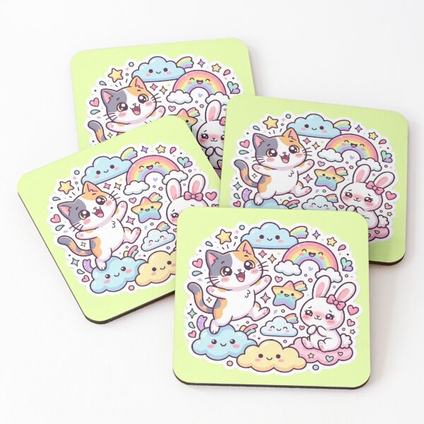Item preview, Cute Kawaii Cat, Shy Bunny & Rainbow Friends Sticker Design designed and sold by Tinydoodlenest .