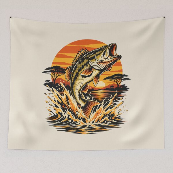 Item preview, Bass Jumping at Sunset - Vintage Fishing Wildlife Art designed and sold by JonelCrafts.
