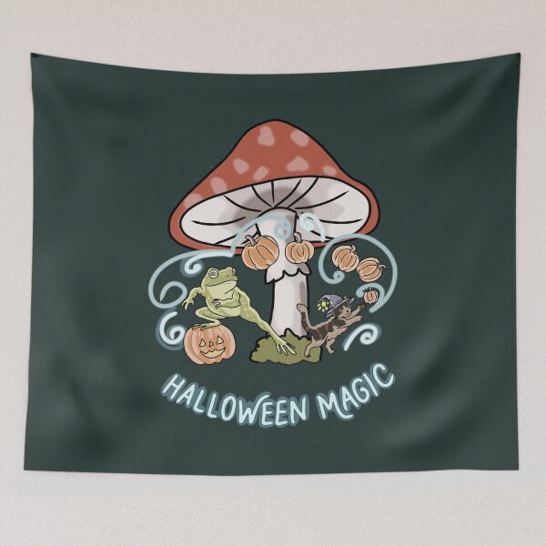 Item preview, Frog and Cat Halloween Magic Mushroom Cottagecore designed and sold by LeshanArt.