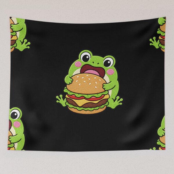 Item preview, Hungry Frog Eating Burger Kawaii Embroidery Patch designed and sold by ColorSplash123.