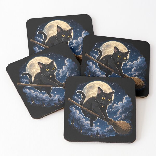 Item preview, Black Cat At Broomstick designed and sold by Funny Vintage Stickers And T-Shirts.