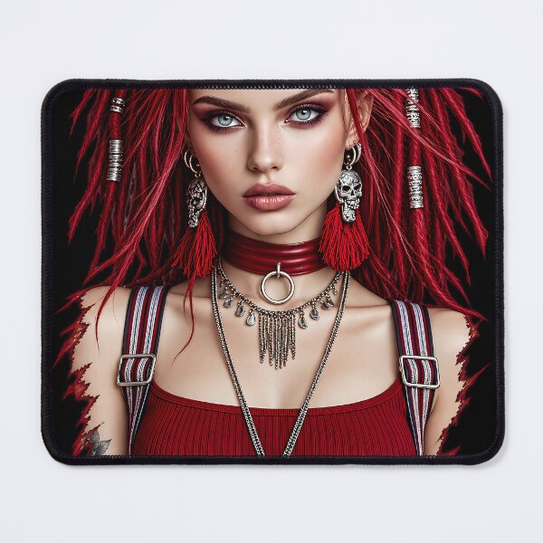 Item preview, Gothic Redhead with Space Buns & Skull Jewelry | Edgy Pin-Up for Man Cave designed and sold by Synth Seduction.