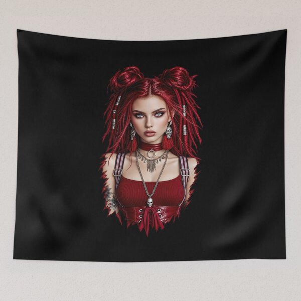 Item preview, Gothic Redhead with Space Buns & Skull Jewelry | Edgy Pin-Up for Man Cave designed and sold by SynthSeduction.