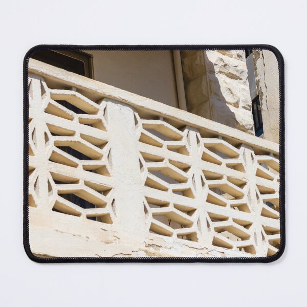 Item preview, Sunlit Beige Concrete Breeze Block Balcony With Midcentury Decorative Screen And Textured Stucco Facade designed and sold by Nmallia.