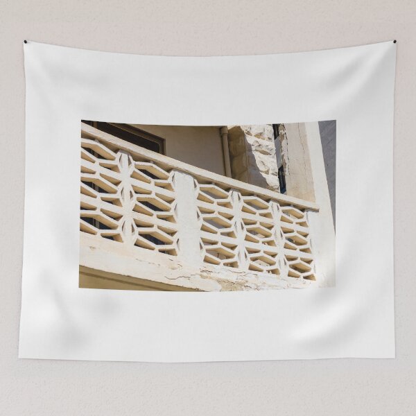 Item preview, Sunlit Beige Concrete Breeze Block Balcony With Midcentury Decorative Screen And Textured Stucco Facade designed and sold by Nmallia.