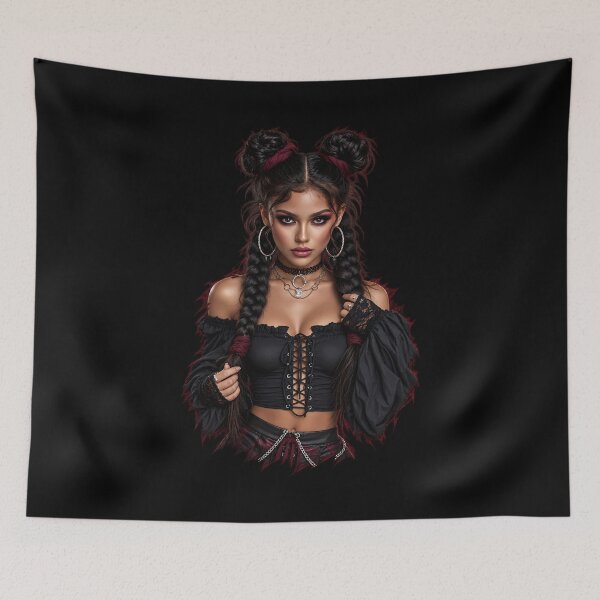 Item preview, Gothic Brunette with Space Buns & Lace-Up Top | Dark Pin Up for Man Cave designed and sold by SynthSeduction.