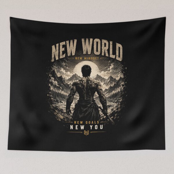 Item preview, New World New Mindset New Goals New You – Warrior Mountain Gym Motivation designed and sold by DreamcraftLK.