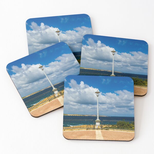 Item preview, Seaside Promenade View With Lamp Post Between Benches Overlooking Blue Ocean and Dramatic Cloudscape designed and sold by Nmallia.