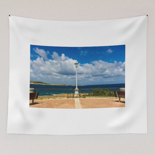Item preview, Seaside Promenade View With Lamp Post Between Benches Overlooking Blue Ocean and Dramatic Cloudscape designed and sold by Nmallia.