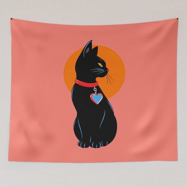 Item preview, Sitting Black Cat with Blue Heart Collar designed and sold by KungPowUnicorn.
