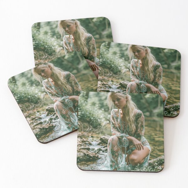 Item preview, Blonde in Sheer Floral Robe in Forest Stream | Nature Pin-Up for Man Cave designed and sold by Synth Seduction.