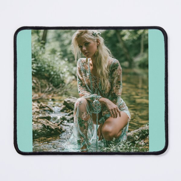 Item preview, Blonde in Sheer Floral Robe in Forest Stream | Nature Pin-Up for Man Cave designed and sold by SynthSeduction.