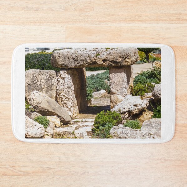 Item preview, Megalithic Stone Tomb Entrance Surrounded by Mediterranean Shrub Garden and Weathered Limestone Rocks designed and sold by Nmallia.