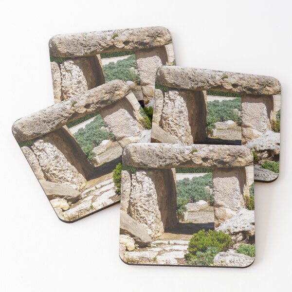 Item preview, Megalithic Stone Tomb Entrance Surrounded by Mediterranean Shrub Garden and Weathered Limestone Rocks designed and sold by Nmallia.