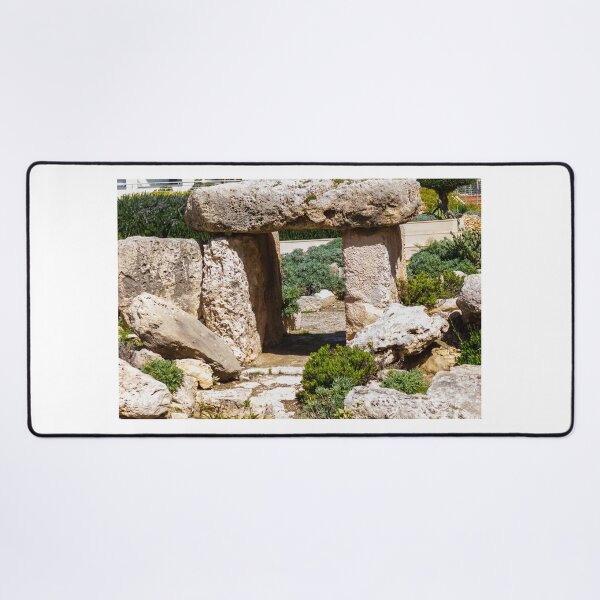 Item preview, Megalithic Stone Tomb Entrance Surrounded by Mediterranean Shrub Garden and Weathered Limestone Rocks designed and sold by Nmallia.