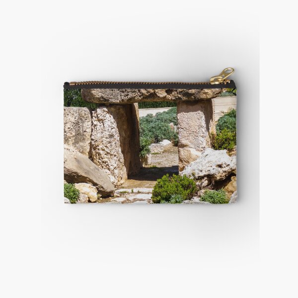 Item preview, Megalithic Stone Tomb Entrance Surrounded by Mediterranean Shrub Garden and Weathered Limestone Rocks designed and sold by Nmallia.