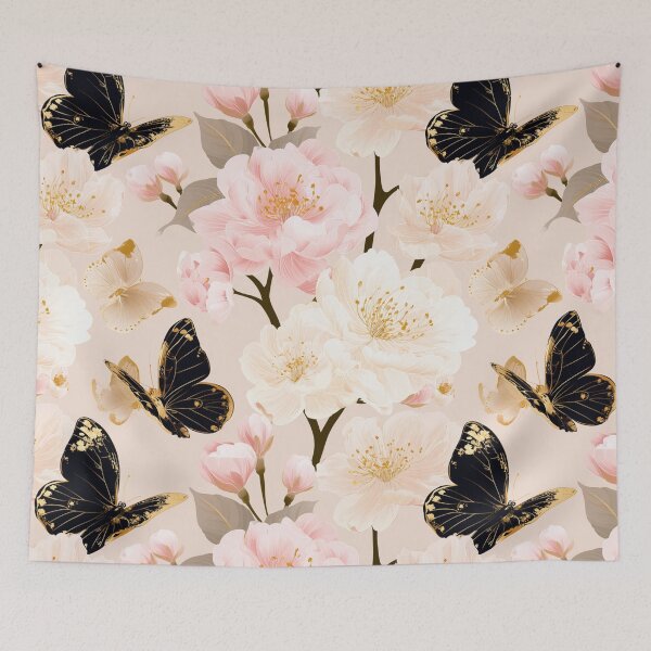 Item preview, Black and Gold Butterflies Among Pink Cherry Blossoms designed and sold by haleymaree.