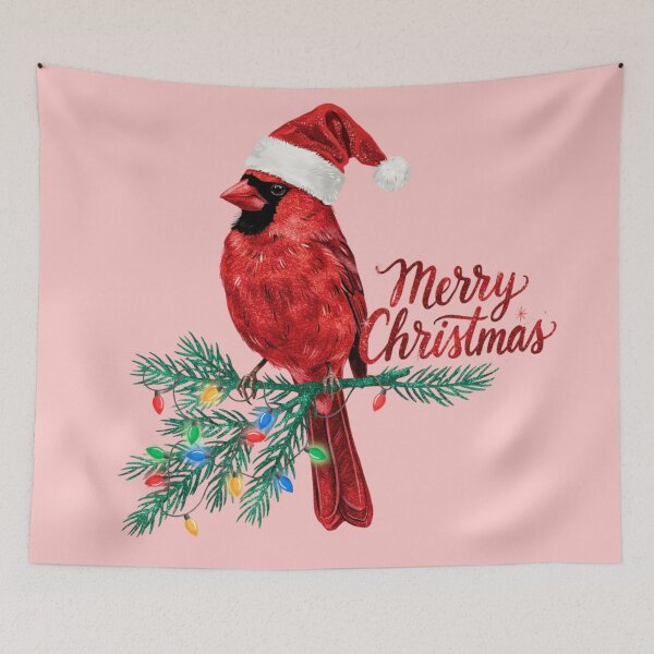 Item preview, Northern Cardinal wearing a red glitter Santa hat - Merry Christmas designed and sold by 123ks.