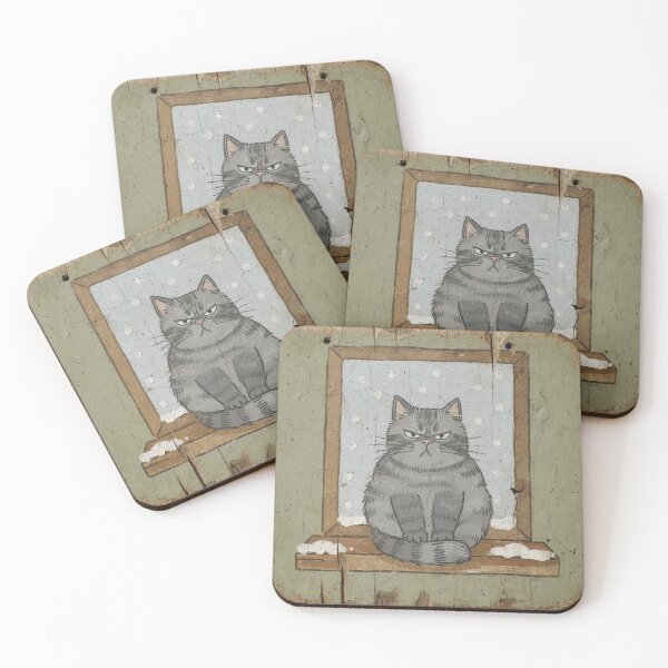 Item preview, Grumpy Grey Shorthair Watching the Snow Folk Art designed and sold by PictorialWhimsy.