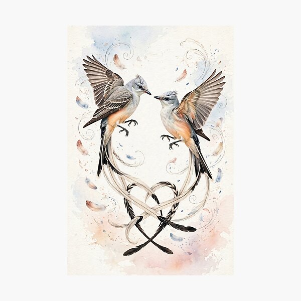 Item preview, Romantic Scissor-tailed Flycatcher Dance - Peach and Blue Wildlife Wall Art designed and sold by PickyAura.