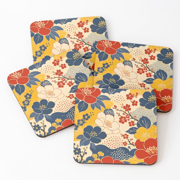 Item preview, Japanese-Inspired Floral Harmony in Red, Yellow and Navy Blue designed and sold by infinitearte.
