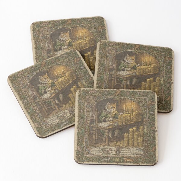Item preview, Medieval Cat Tax-Collector Counting Gold Coins Manuscript Art designed and sold by PictorialWhimsy.
