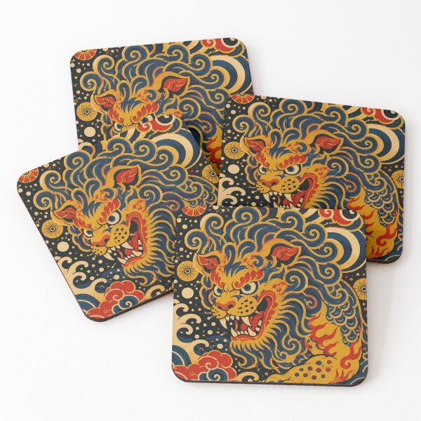 Item preview, Japanese-Style Golden Lion with Red and Blue Waves designed and sold by infinitearte.