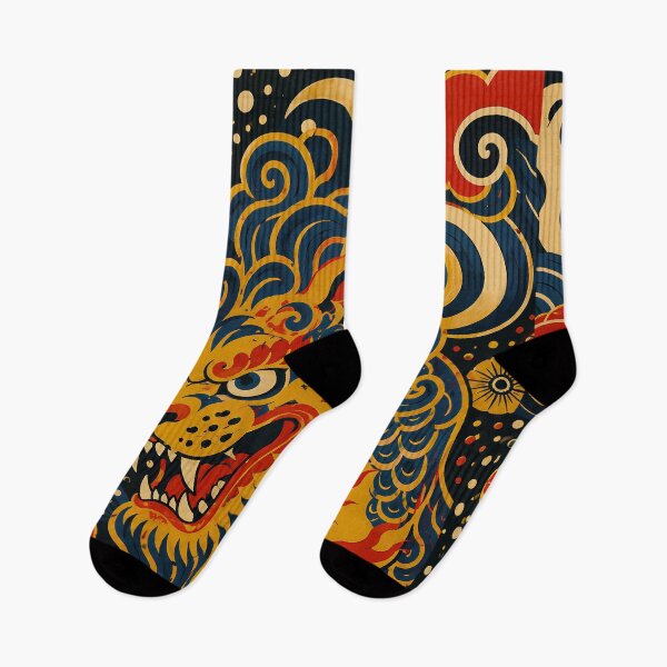 Item preview, Japanese-Style Golden Lion with Red and Blue Waves designed and sold by infinitearte.