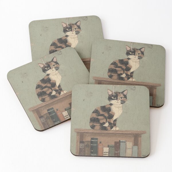 Item preview, Tortoiseshell Cat Perched Smugly on the Bookshelf Folk Art designed and sold by PictorialWhimsy.