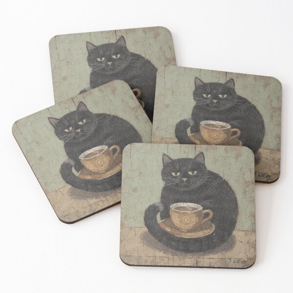 Item preview, Black Cat Curled Around a Warm Teacup Folk Art designed and sold by PictorialWhimsy.