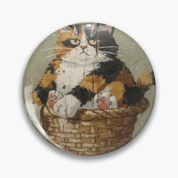 Item preview, Grumpy Calico Wedged Into a Tiny Basket Folk Art designed and sold by PictorialWhimsy.