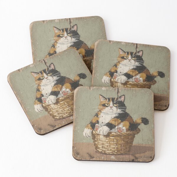 Item preview, Grumpy Calico Wedged Into a Tiny Basket Folk Art designed and sold by PictorialWhimsy.