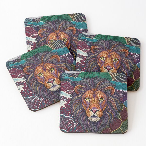 Item preview, Dotted Lion King Portrait: Ethnic Pop Fusion with Ukiyo-e Waves and Green Sun designed and sold by infinitearte.
