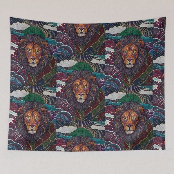Item preview, Dotted Lion King Portrait: Ethnic Pop Fusion with Ukiyo-e Waves and Green Sun designed and sold by infinitearte.