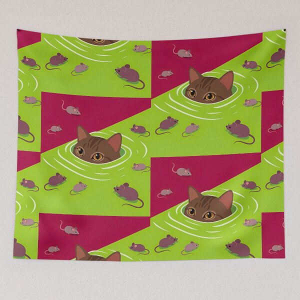 Item preview, Cat Peeking Through Green Water Surrounding Mice Illustration designed and sold by infinitearte.