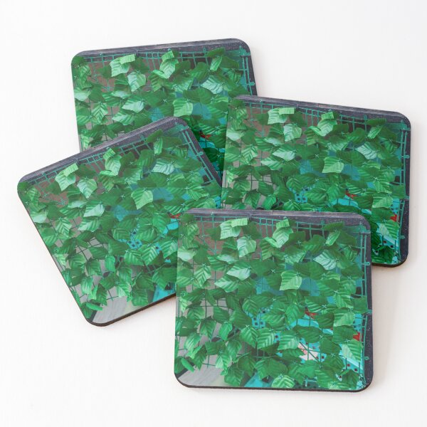 Item preview, Pantalla de privacidad artificial de hojas verdes colocada sobre una caja de exhibición de mercado con contenedores de frutas y verduras de color turquesa y tomates. designed and sold by Nmallia.