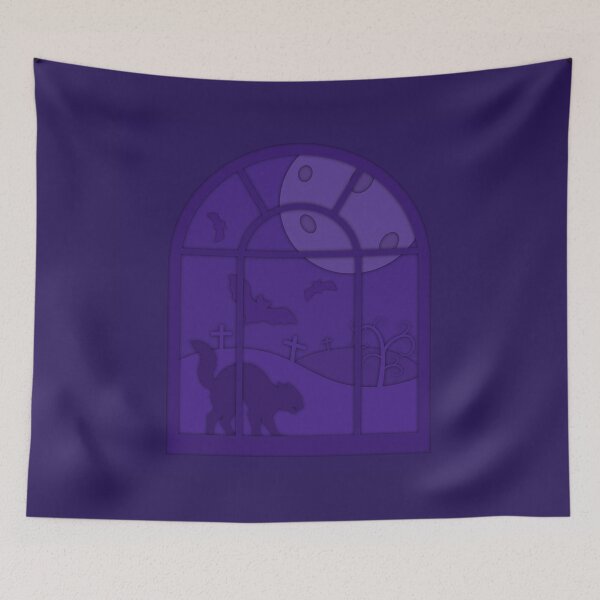 Item preview, Halloween Black Cat Watching Moon Through Gothic Window Night designed and sold by CozyLittleShop.