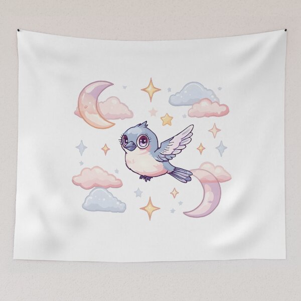 Item preview, Cute Kawaii Sparrow Flying Among Moon & Stars | Dreamy Celestial Bird | Pastel Cottagecore Aesthetic designed and sold by dreamz-world.