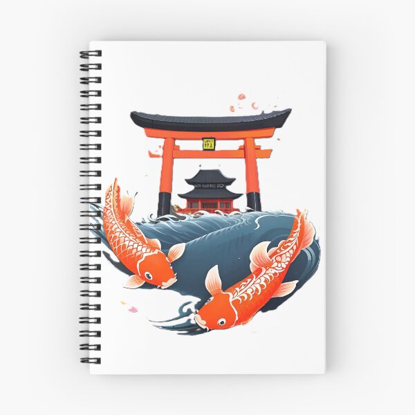 Item preview, Two Orange Koi Fish With Blue Waves Under Red Torii Gate designed and sold by Surviving Monday Club.