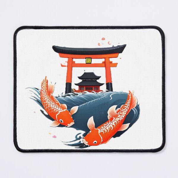 Item preview, Two Orange Koi Fish With Blue Waves Under Red Torii Gate designed and sold by Surviving Monday Club.