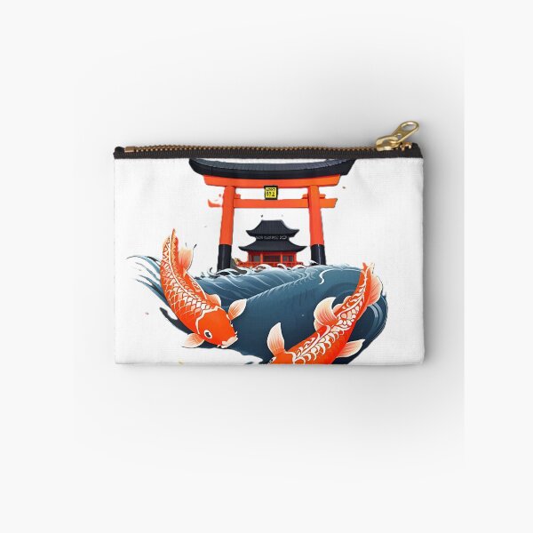 Item preview, Two Orange Koi Fish With Blue Waves Under Red Torii Gate designed and sold by Surviving Monday Club.