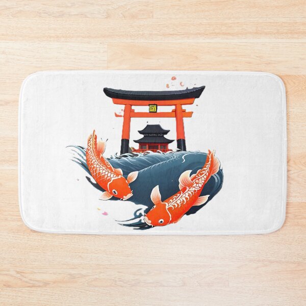 Item preview, Two Orange Koi Fish With Blue Waves Under Red Torii Gate designed and sold by Surviving Monday Club.