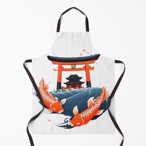 Item preview, Two Orange Koi Fish With Blue Waves Under Red Torii Gate designed and sold by Surviving Monday Club.
